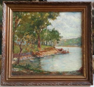 Landscape Oil Painting Signed 1938 Impressionism Lake River Figures Fishing