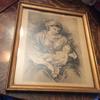 Art Painting Wood Mother And Child Wwi Era 11 X 13 Framing Ships