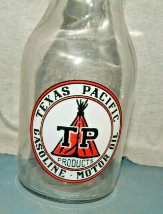 " Texas Pacific Gasoline Motor Oil " 1 Quart Glass Bottle W Spout (acqd By Sunoco)