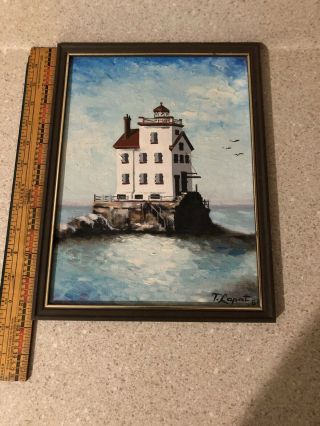 Lighthouse Painting Framed 12”x9” Oil Painting By T.  Lapat,  1984