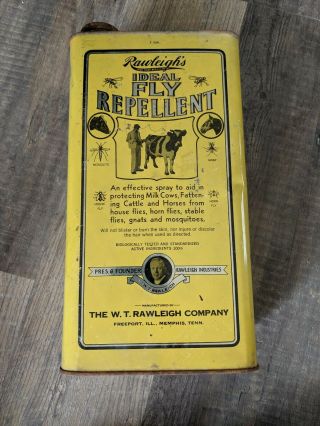 Vintage Rawleigh’s Cow Cattle Horses Fly Repellent 1 Gallon Tin Can Sign Gas Oil