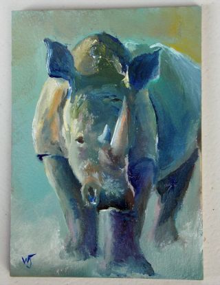 Aceo - William Jamison Miniature Oil Painting Rhino Rhinoceros Portrait