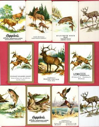 11 Single Swap Playing Cards Animal Art By Sweney Deer Moose Fish Duck Vintage