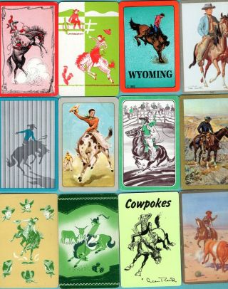 12 Single Swap Playing Cards Bucking Horses Cowboys Western Rodeo Deco Vintage