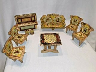 Antique C1890 8 Pc Bliss Living Room Set Complete Alphabet,  Checkerboard Table
