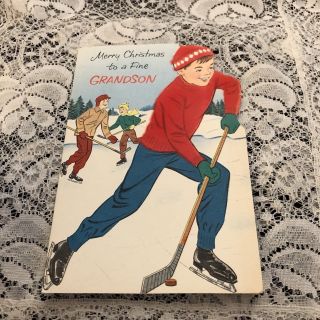 Vintage Greeting Card Christmas Grandson Boy Hockey Ice Skating