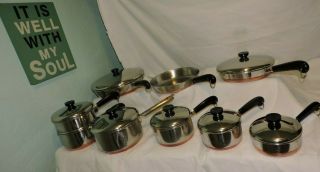 16 Pc 1801 Revere Ware Copper Bottom Stainless Pots,  Pans,  Skillets Cookware Usa