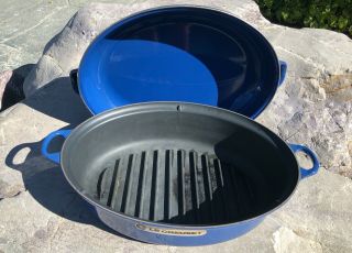 Le Creuset 43 Extra Large Blue Cast Iron Roasting Pan W/ Lid,  Ribbed Floor