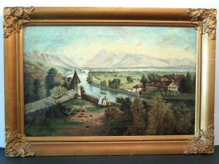 Early 19th C.  American Folk Art Hudson River Valley Landscape Oil Painting