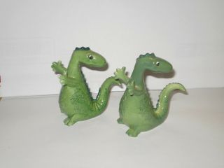 Vintage Green Dinosaurs Ceramic Salt N Pepper Shakers 1970 