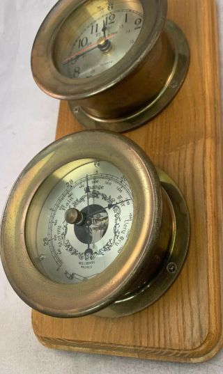 Brass Weather Station On Oak Wood Base Diameter 4 1/2” Ship Clock Barometer
