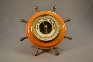 Vintage Atco Barometer Wood Brass Ships Wheel Nautical Germany