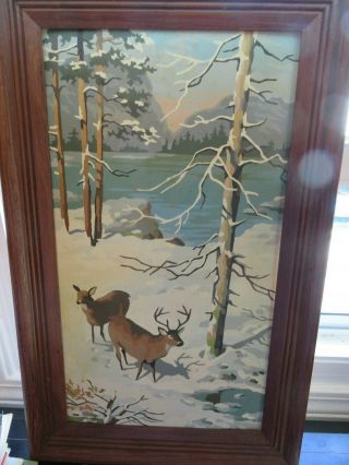 Vintage Paint By Number Deer Buck Mountains River 13 " X 21 " Framed Americana