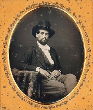 Rugged Bearded Man Wearing Top Hat Legs Crossed 1/6 Plate Daguerreotype E799