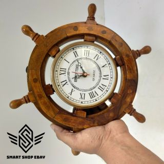 Wooden 15 " Nautical Ship Steering Wheel Pirate Clock Home Decor Fishing Wall Boat