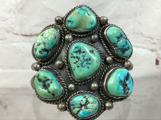Vtg Huge Old Pawn Navajo Sterling Silver Cluster Turquoise Rare Cuff Bracelet 89