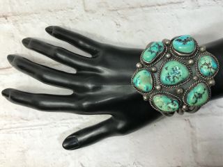 Vtg Huge Old Pawn Navajo Sterling Silver Cluster Turquoise Rare Cuff Bracelet 89 2