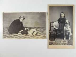 1860s Cdv Pair,  Man With Dogs,  Girl With Dog (dash),  Albion Ny