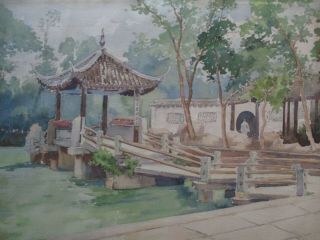 Young Sun ? Signed Fine Old Chinese Scholar Painting Garden Temple Landscape