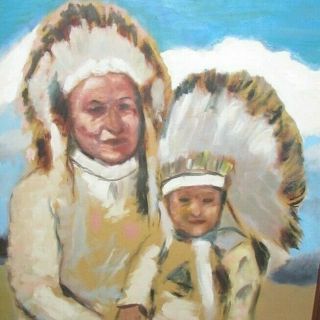 Native American Painting Indian Chief Man Boy Feather Headdress Framed 20x28 "