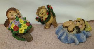 3 Small Hedgehog Figurines - In Bed,  Pushing Wheelbarrow Of Flowers,  Christmas