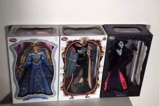 Nib Disney Limited Edition Aurora,  Prince Phillip & Malificent Dolls With Stands