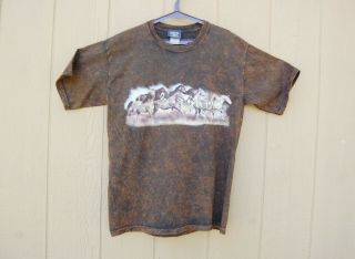 Stone Washed Cotton T - Shirt Large Running Horses Brown Stone Aged Rockwear