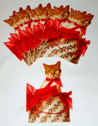 13 Vintage Orange Tabby Kitty Cat In A Present Christmas Greeting Cards