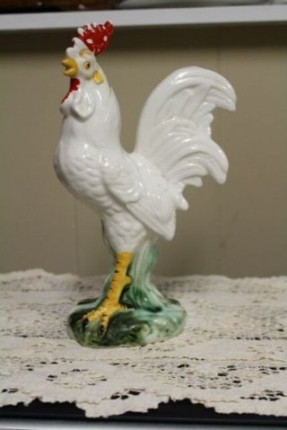 Vintage 9 " White Ceramic Rooster Figurine - Hand Painted