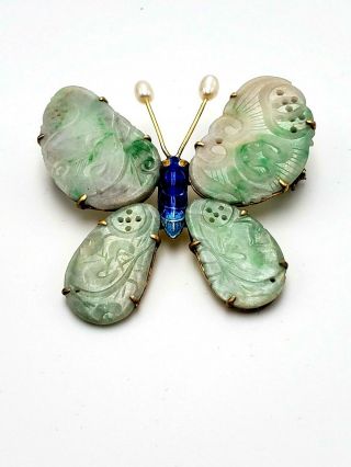 Vintage Chinese Export Silver,  Enamel,  & Jade Butterfly Brooch