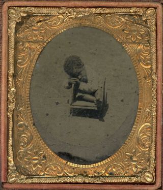 Highly Unusual Tintype Of Black African American Child On A Wooden Seat