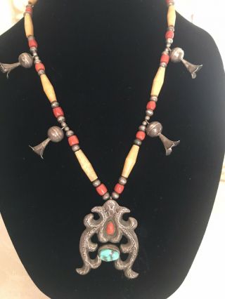 Vintage Native American Squash Blossom Necklace Bone Coral Turquoise