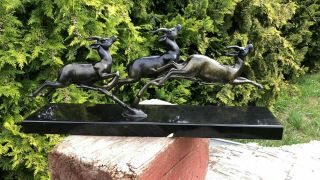 Vintage Art Deco French Spelter 3 Stag Deers Running On Marble Base