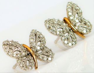 Vintage Designer Signed 14k White Yellow Gold Diamond Butterfly Earrings 1.  4 G