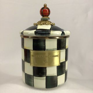Mackenzie Childs Courtly Check Small Enamel Canister Plaid Knob Cond.