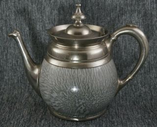 Gray Agateware Graniteware Enamelware Teapot With Pewter Mounts - 5 " Diameter