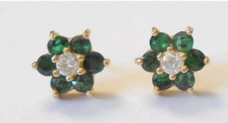 Vintage Bh Effy 14k Yellow Gold Natural Emerald & Diamond Flower Floral Earrings