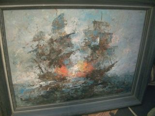 Vintage Mid Century Modern Abstract Oil Painting Pirate Ships Battle Sgnd Franz