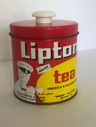 Vintage Antique Lipton Tea Red Metal Graphic Tin Kitchen Advertising Button Lid