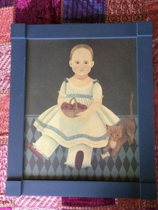 Vintage Arlene Strader Folk Art Painting - Portrait Of Girl W/ Basket Of Apples