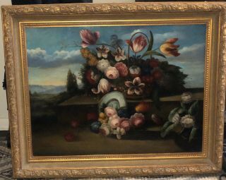 Very Large Gold Leaf Frame.  19th Century Still Life Oil Painting Of Flowers
