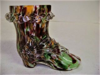 Antique Stevens & Williams Cased Spatter Art Glass Shoe Applied Rigaree And Leaf