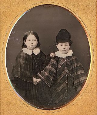 Young Kids Wearing Plaid Overcoats Holding Hands 1/6 Plate Daguerreotype E955
