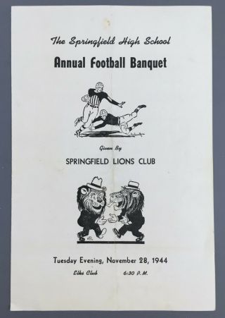 1944 Springfield High School Football Banquet Program Illinois Lions Club