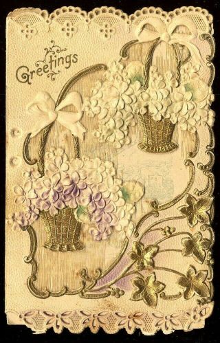 Victorian Love Poem Greeting Card Die Cut Embossed Baskets Of Flowers Antique
