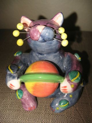 Amy Lacombe Whimsiclay Cat Figurine Holding Planet