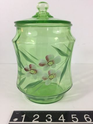 Bartlett Collins Green Depression Glass Cookie Jar Lid hand painted Flowers Glow 3