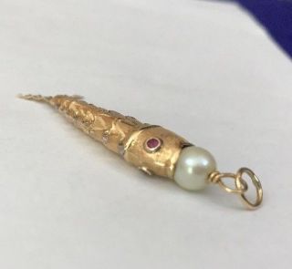 Vintage 9k 9ct Yellow Gold Koi Fish Articulated Charm / Pendant Ruby Eyes Pearl
