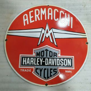 Aermacchi Harley Davidson 29 Inches Round Vintage Enamel Sign