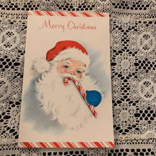 Vintage Greeting Card Christmas Santa Claus Blue Candy Cane